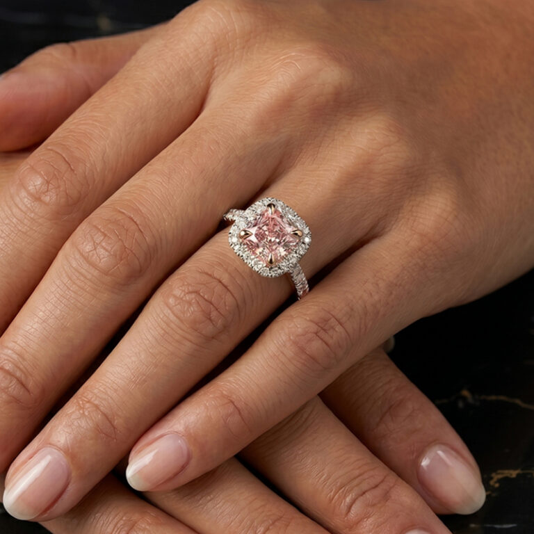 Pink Eternelle – Fancy Pink Cushion Halo Pavé Ring