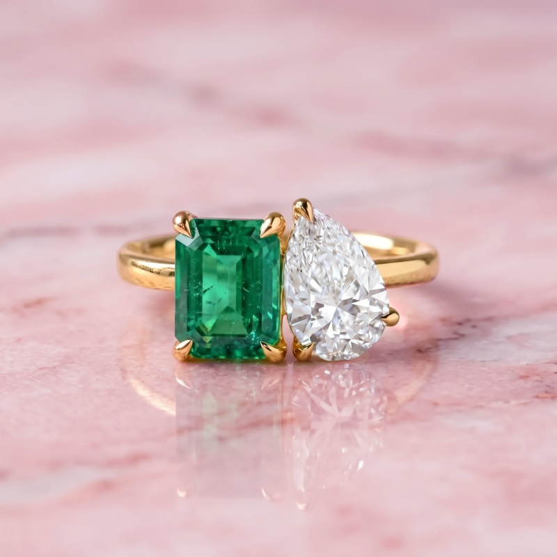 Toi et Moi Pear Shape Diamond & Emerald Ring<br>1.85 Ct. in 18K Gold - Image 2