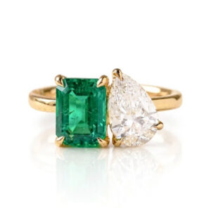 Toi et Moi Pear Shape Diamond & Emerald Ring<br>1.85 Ct. in 18K Gold