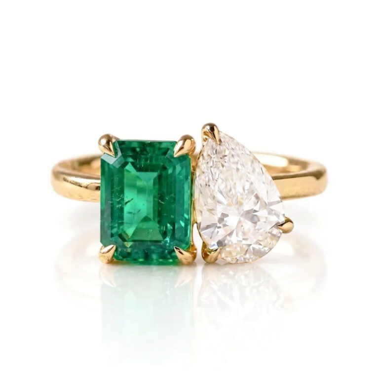 Toi et Moi Pear Shape Diamond & Emerald Ring<br>1.85 Ct. in 18K Gold