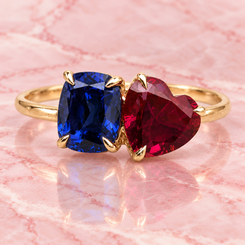 Toi et Moi Cushion Sapphire & Heart Ruby <br>2.00-3.00 Ct. in 18K Gold