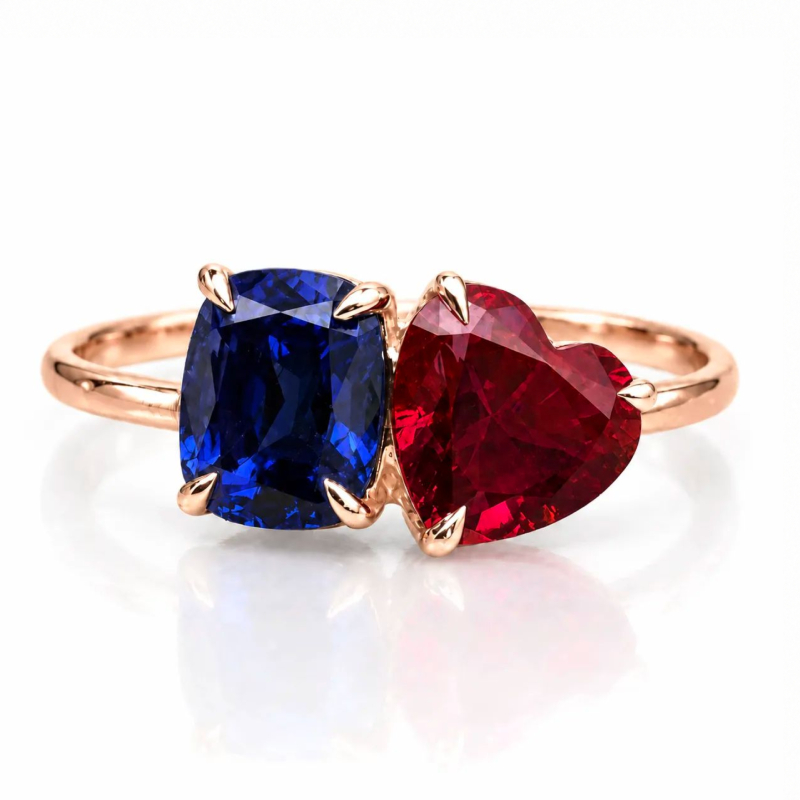 Toi et Moi Cushion Sapphire & Heart Ruby <br>2.00-3.00 Ct. in 18K Gold - Image 4