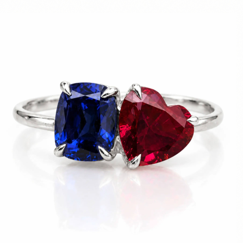 Toi et Moi Cushion Sapphire & Heart Ruby <br>2.00-3.00 Ct. in 18K Gold - Image 2