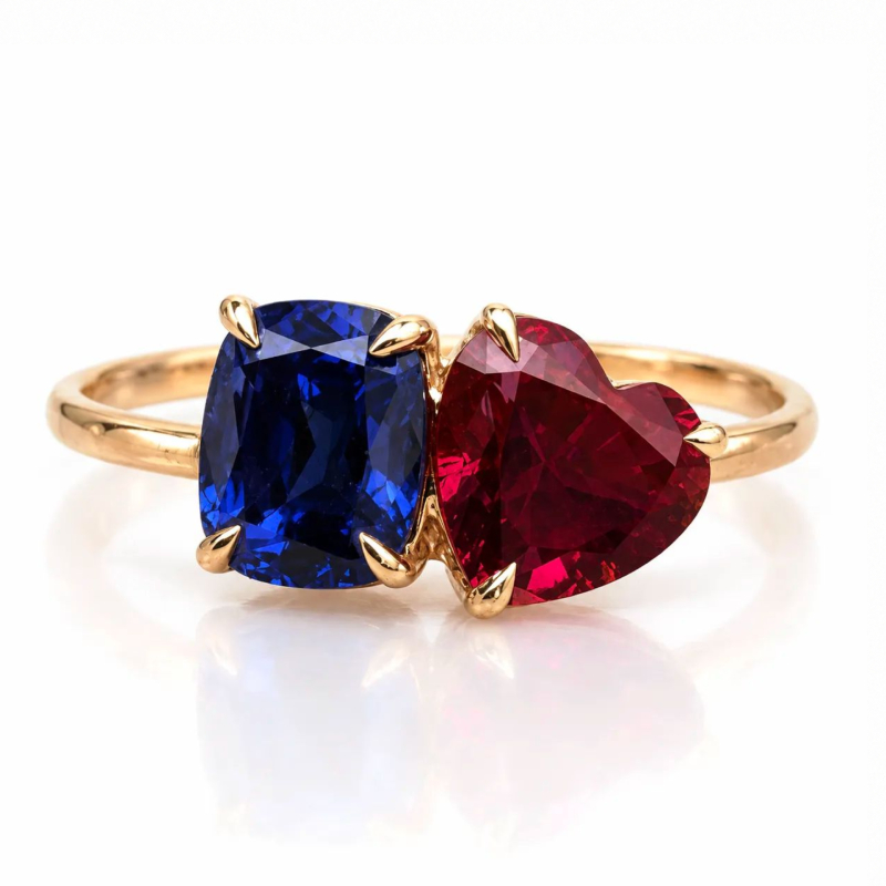 Toi et Moi Cushion Sapphire & Heart Ruby <br>2.00-3.00 Ct. in 18K Gold - Image 3